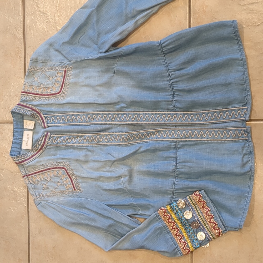 Chico’s Embroidered Coin Detail Chambray Boho Jacket Size 0P